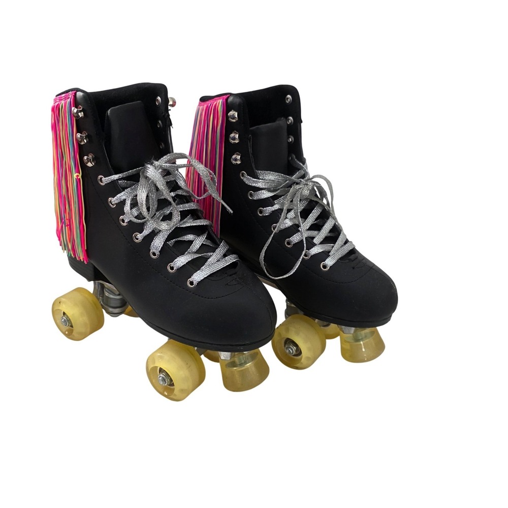 Doll Kills Black Quad Roller Skates Neon Rainbow Fringe Silver Laces  Sz 8 - Picture 2 of 14